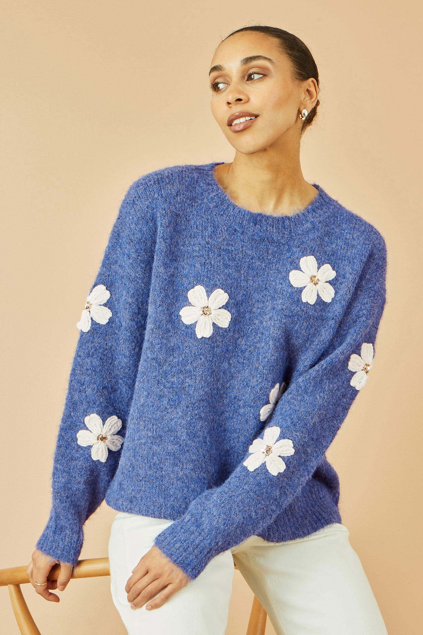 Yumi Blue Relaxed Jumper With Crochet Flowers Knit Jumper Yumi