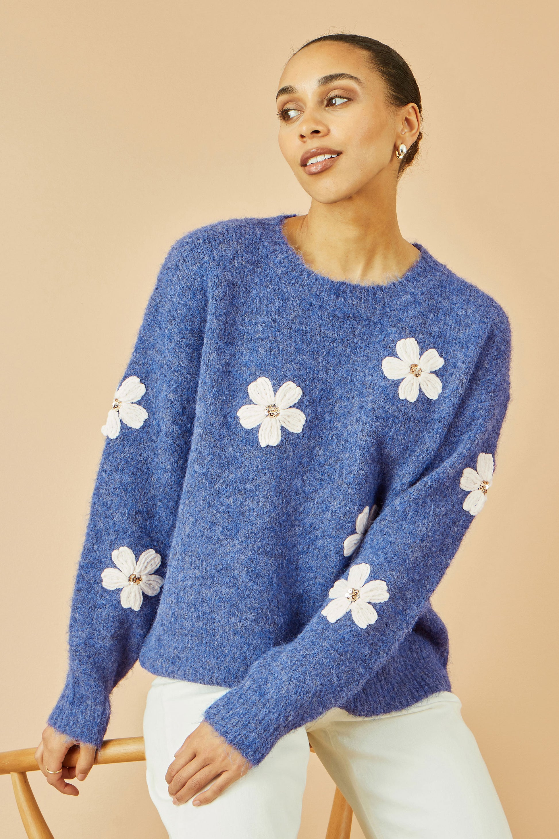Yumi Blue Relaxed Jumper With Crochet Flowers Knit Jumper Yumi