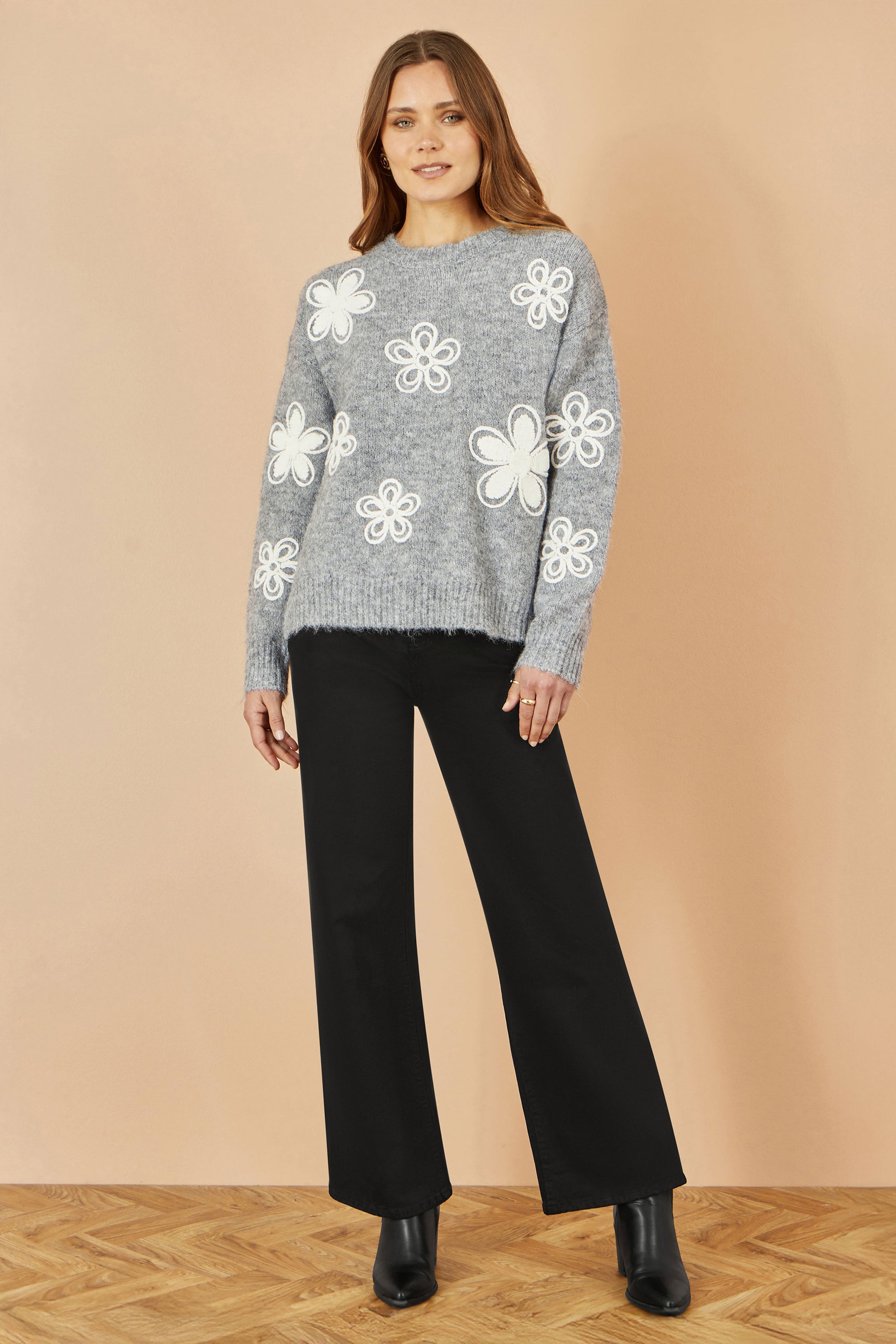 Yumi Grey Relaxed Jumper With Crochet Flowers Knit Jumper Yumi