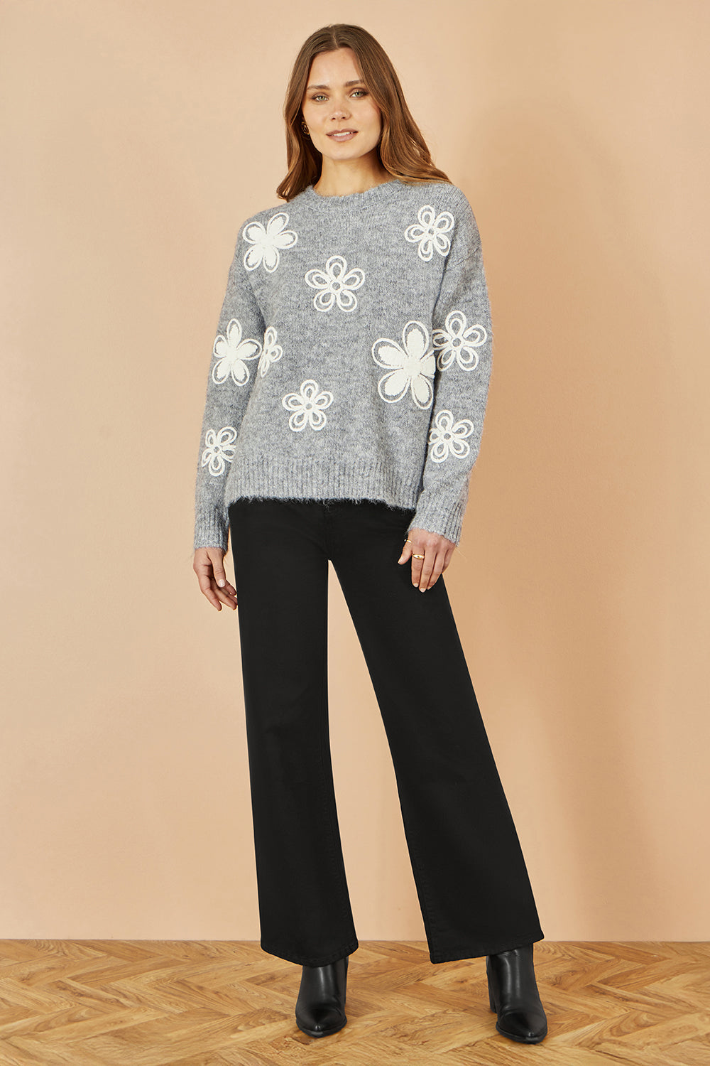 Yumi Grey Relaxed Jumper With Crochet Flowers Knit Jumper Yumi