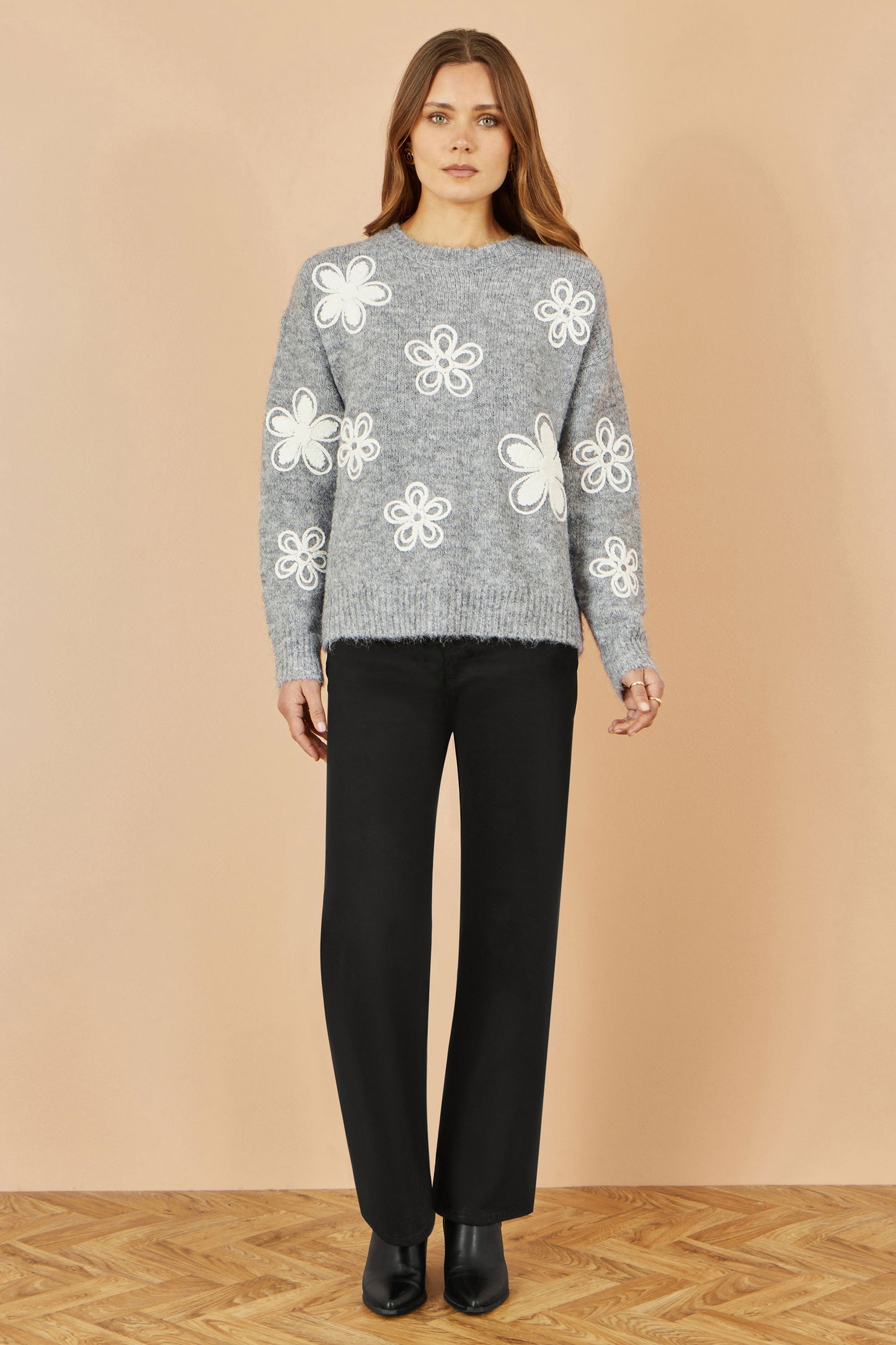 Yumi Grey Relaxed Jumper With Crochet Flowers Knit Jumper Yumi
