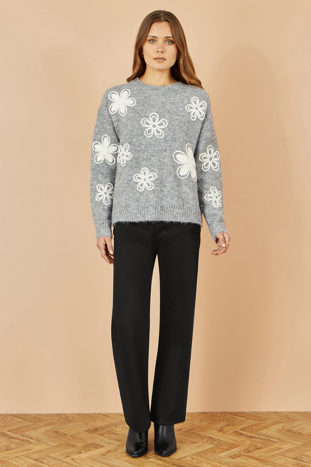 Yumi Grey Relaxed Jumper With Crochet Flowers | Yumi