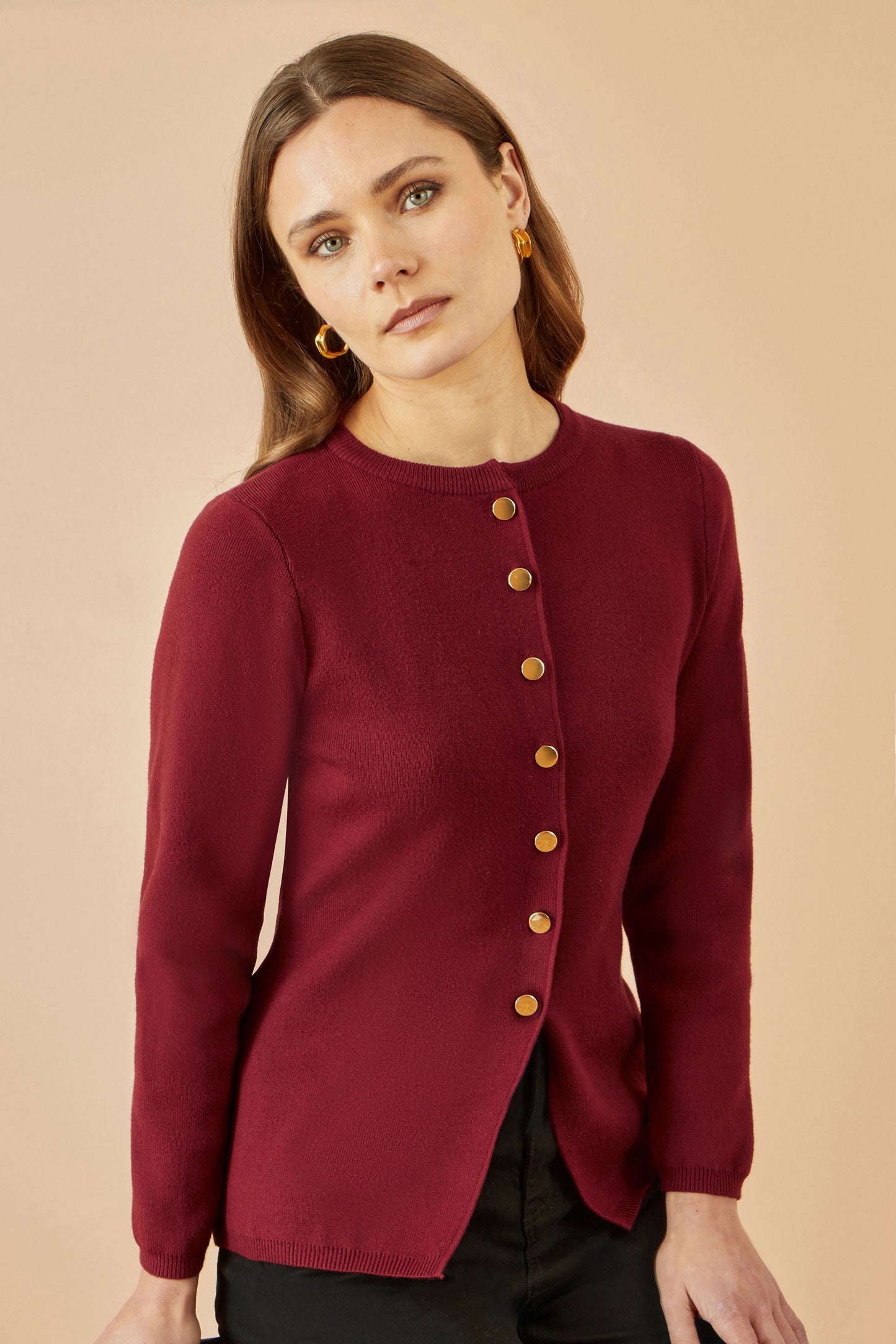 Yumi Burgundy Knitted Fitted Button Down Peplum Cardigan Knit Cardigan Yumi