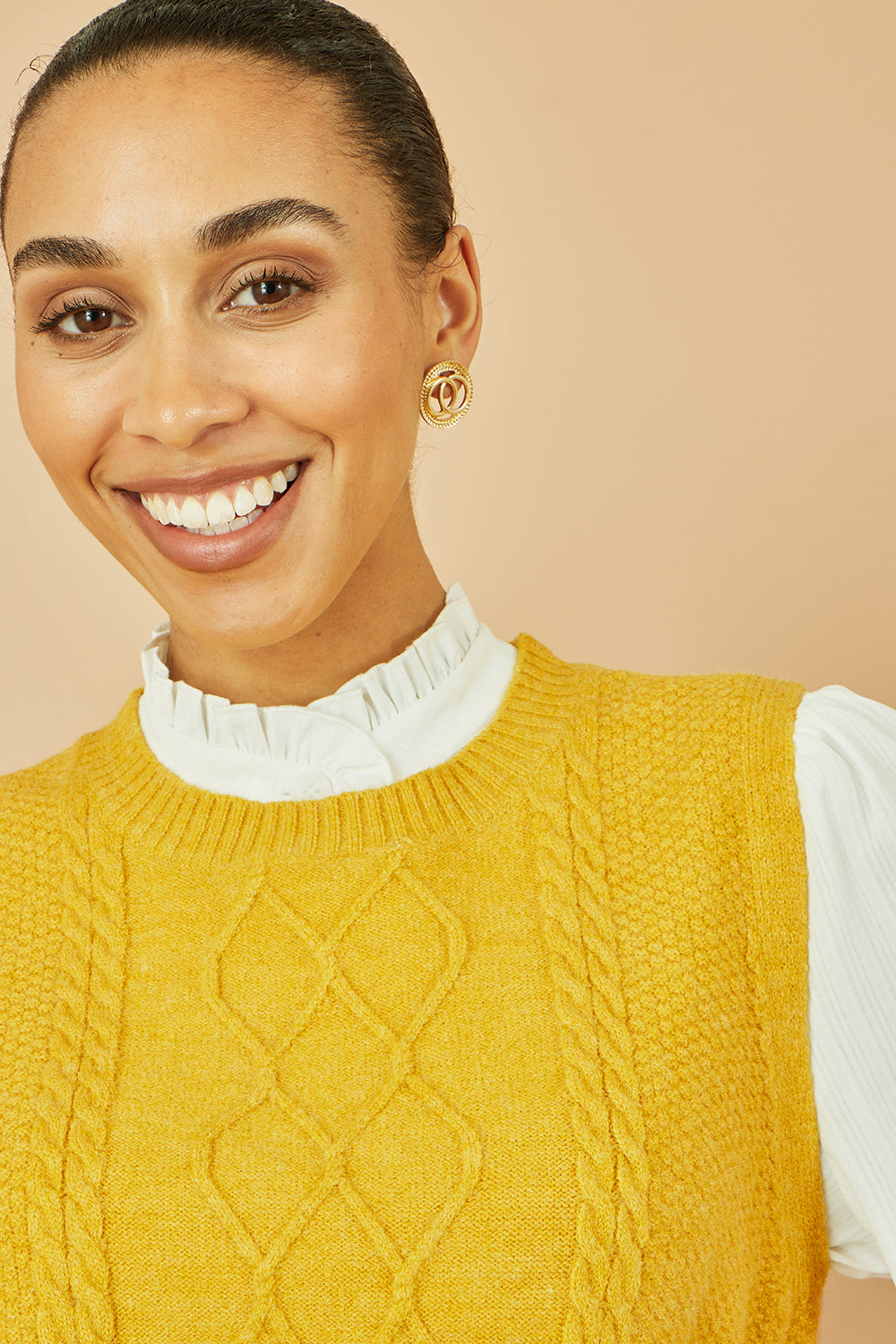 Yumi Mustard Cable Knit Sleeveless Jumper Knit Pullover Yumi