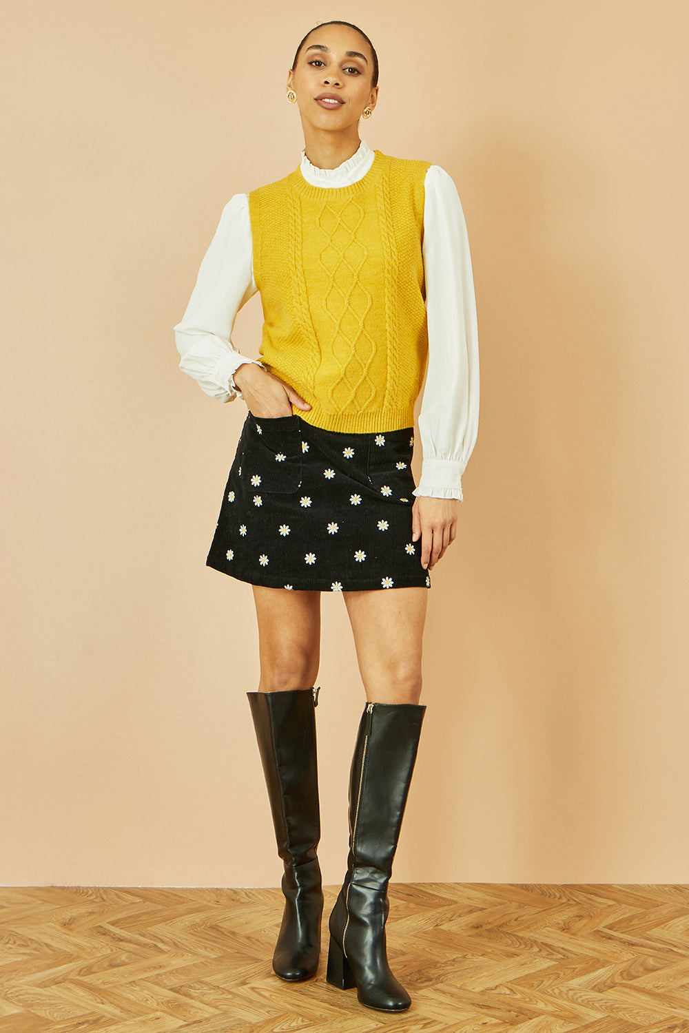 Yumi Mustard Cable Knit Sleeveless Jumper Knit Pullover Yumi