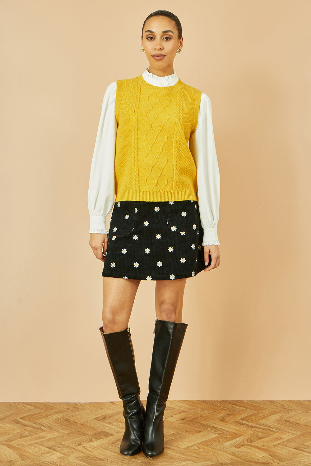 Yumi Mustard Cable Knit Sleeveless Jumper Knit Pullover Yumi
