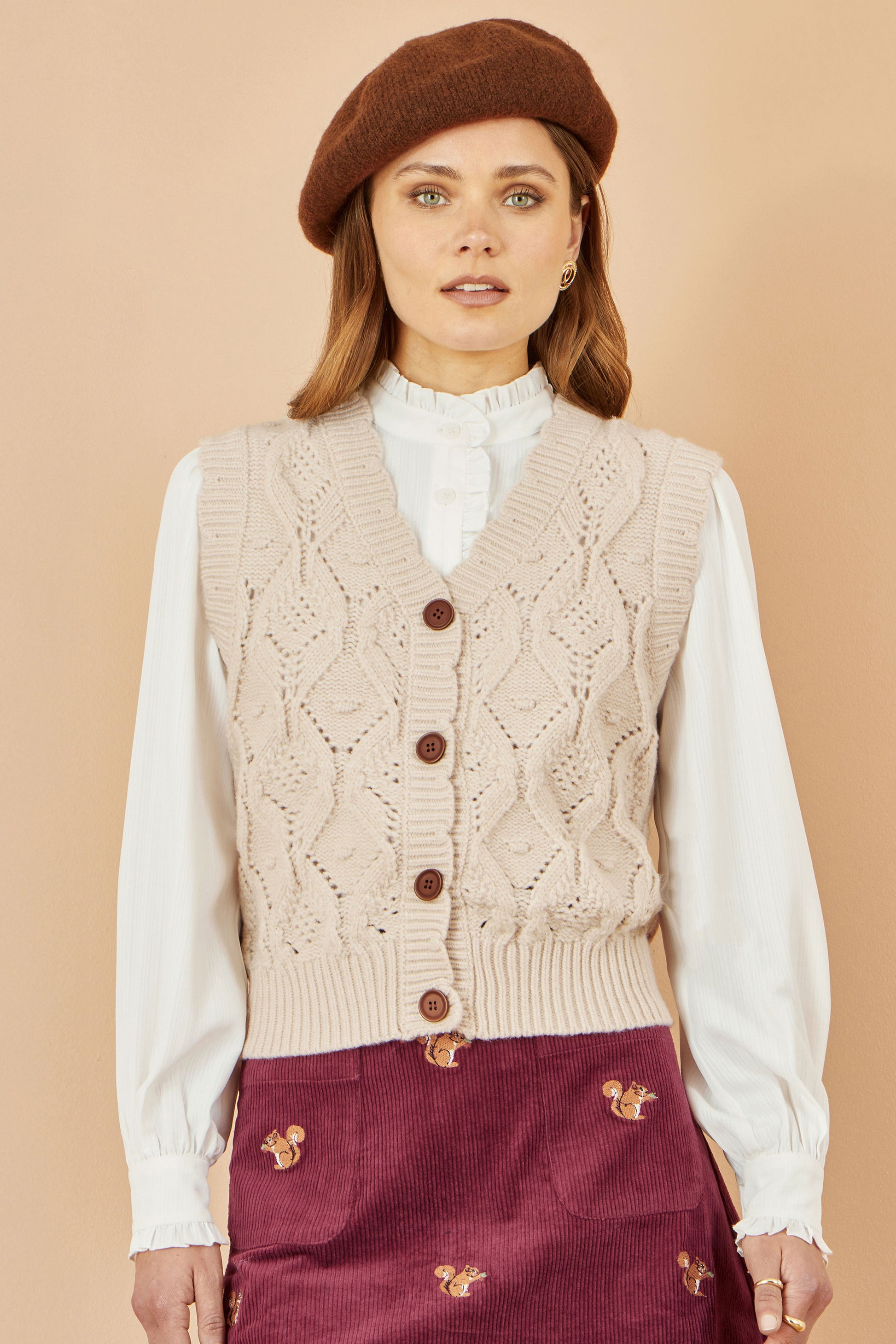 Yumi Oatmeal Button Up Chunky Cable Knit Waistcoat Knit Pullover Yumi