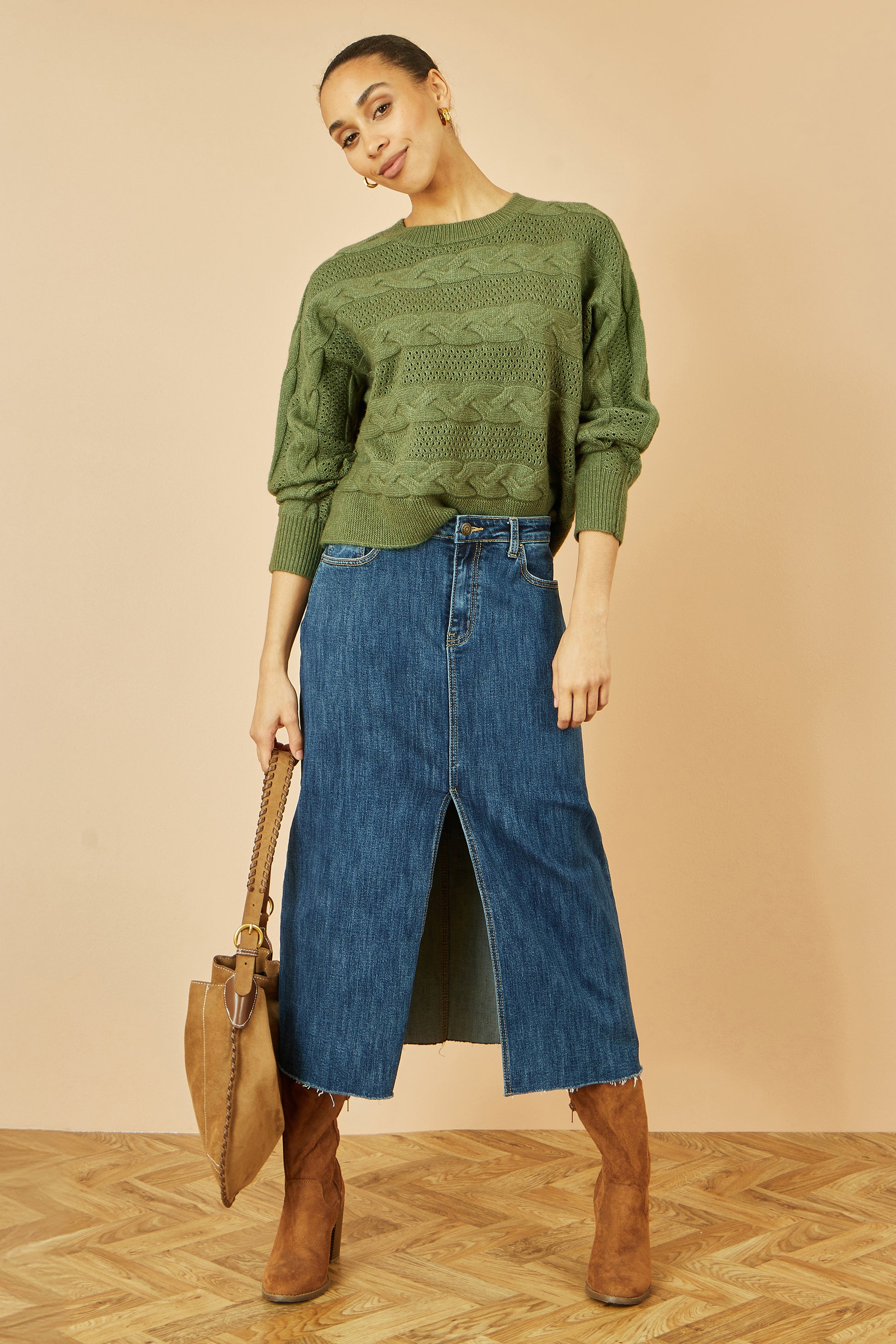 Yumi Green Cable Knit Relaxed Fit Jumper Knit Jumper Yumi
