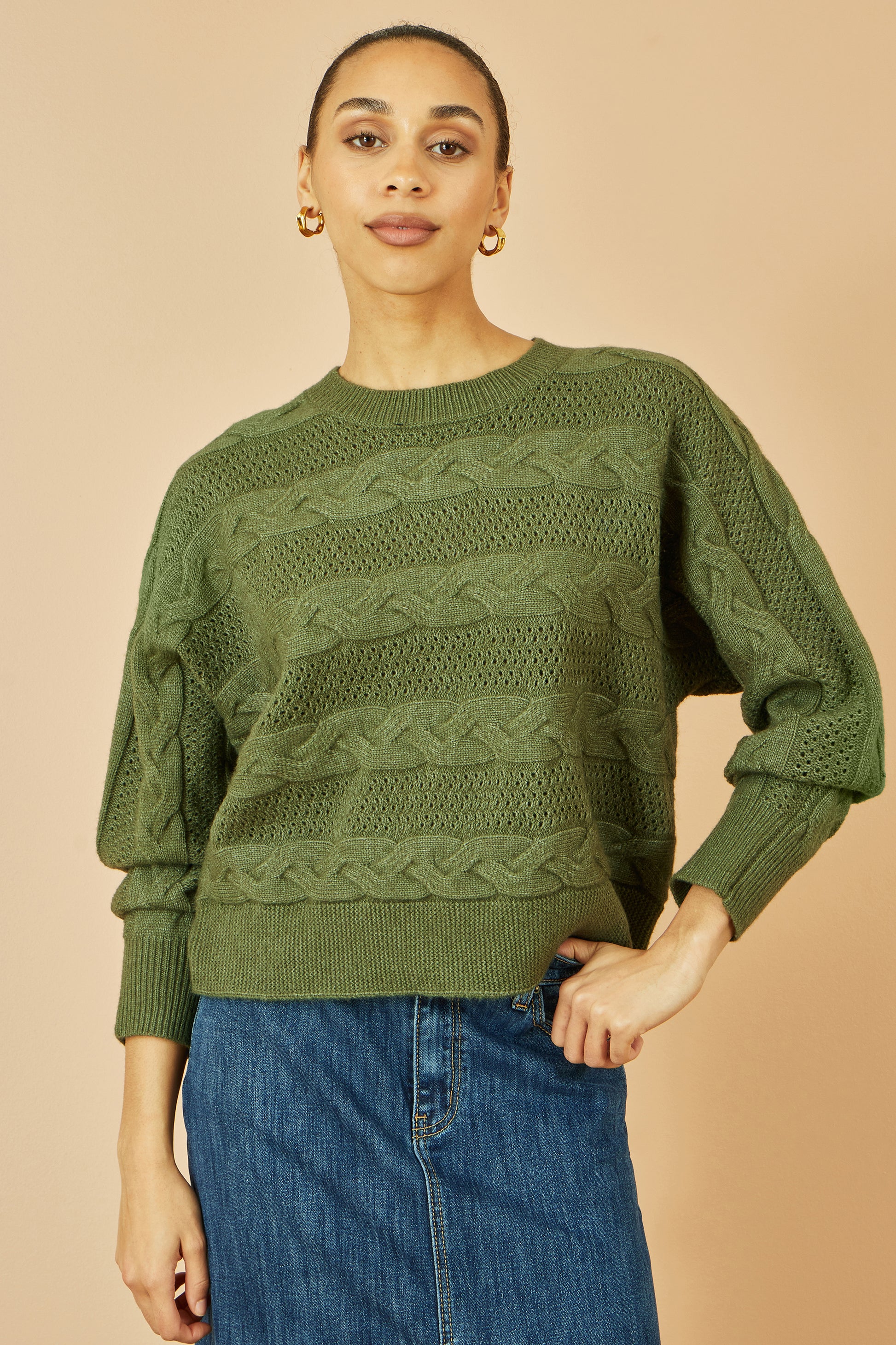Yumi Green Cable Knit Relaxed Fit Jumper Knit Jumper Yumi