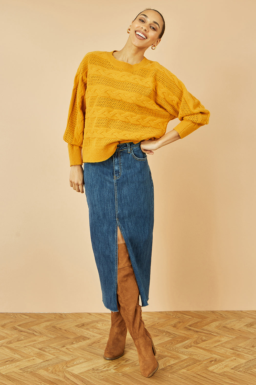 Yumi Mustard Cable Knit Relaxed Fit Jumper | Yumi