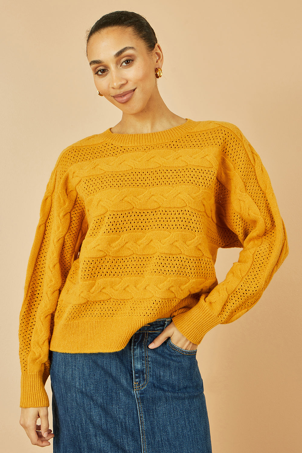Yumi Mustard Cable Knit Relaxed Fit Jumper | Yumi