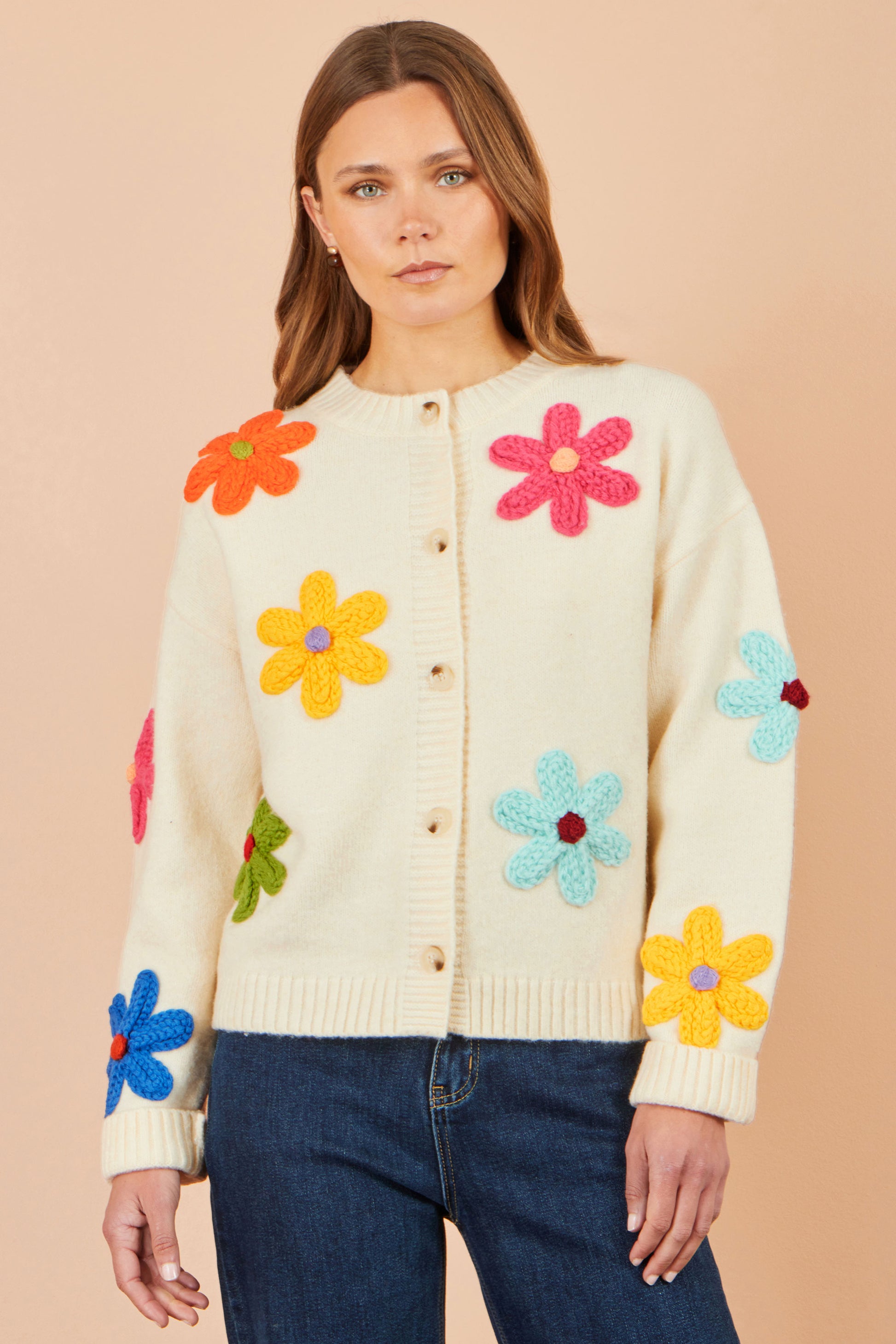 Yumi Ivory Knitted Flower Applique Cardigan Knit Cardigan Yumi