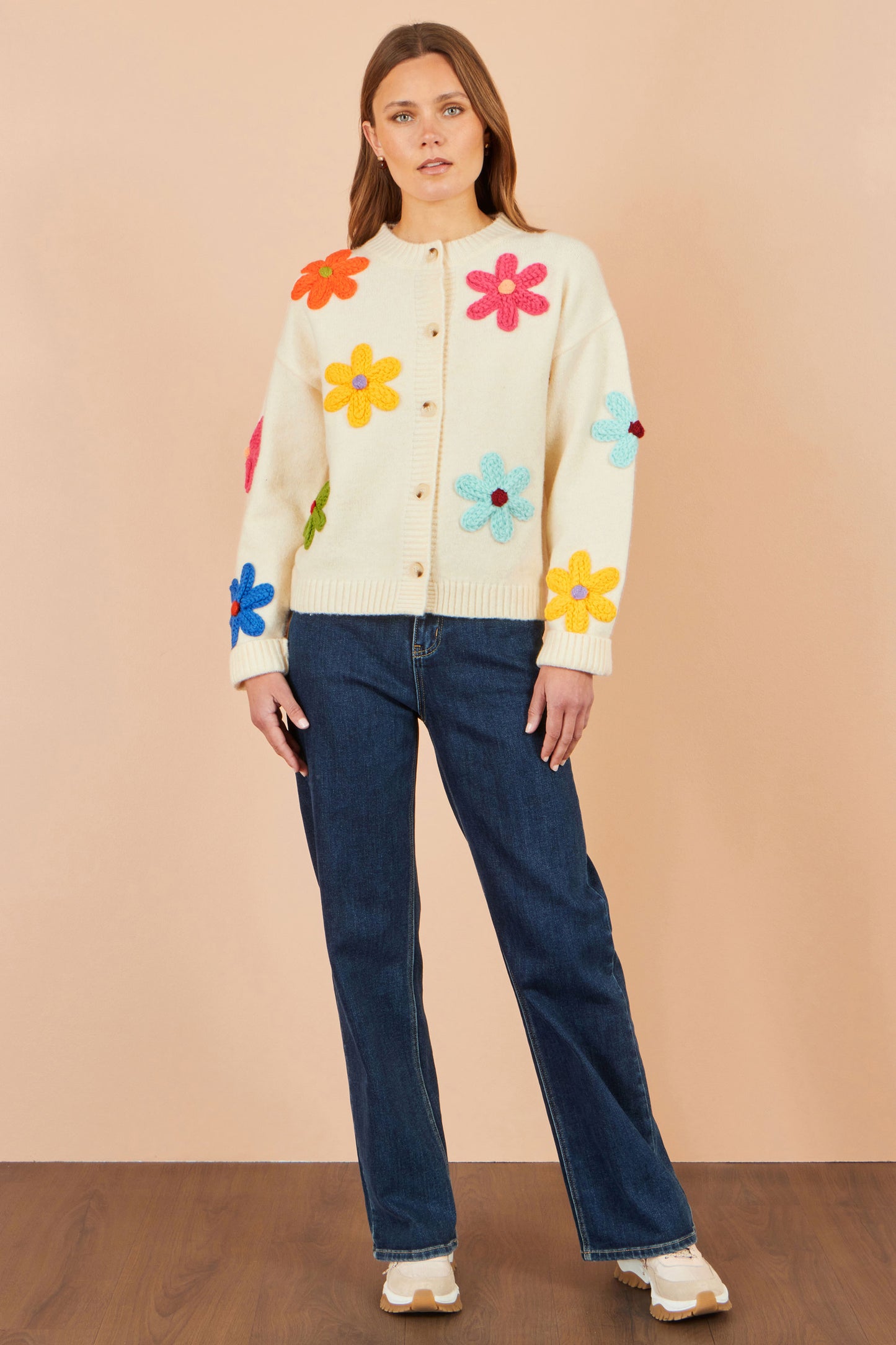 Yumi Ivory Knitted Flower Applique Cardigan Knit Cardigan Yumi