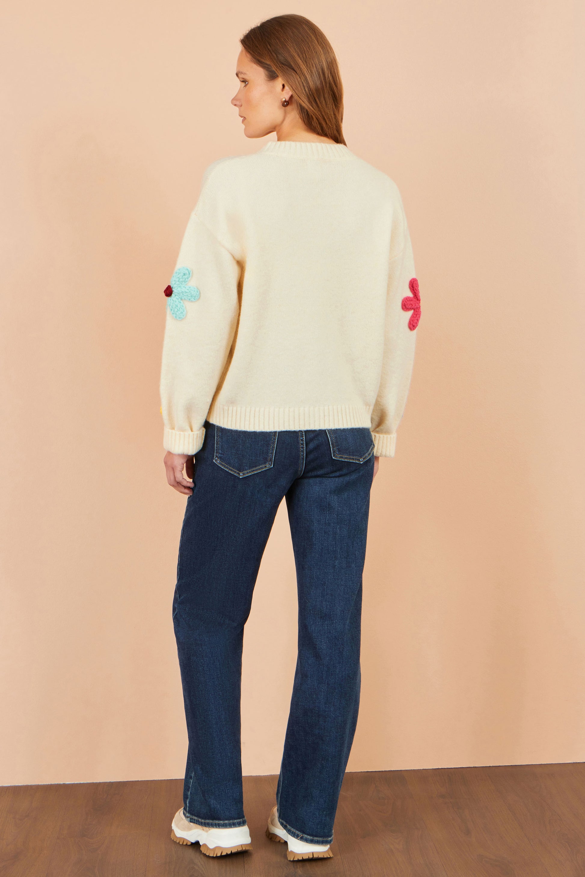 Yumi Ivory Knitted Flower Applique Cardigan Knit Cardigan Yumi