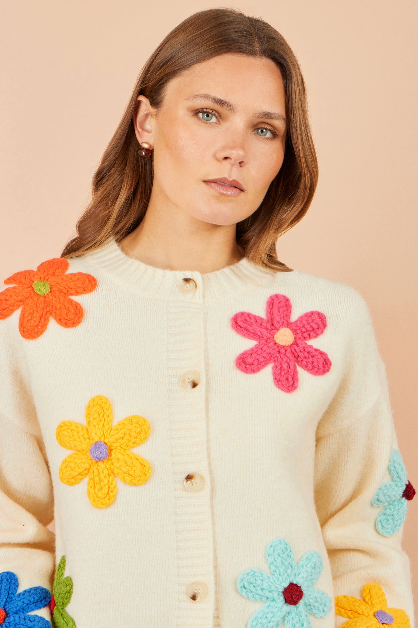 Yumi Ivory Knitted Flower Applique Cardigan Knit Cardigan Yumi