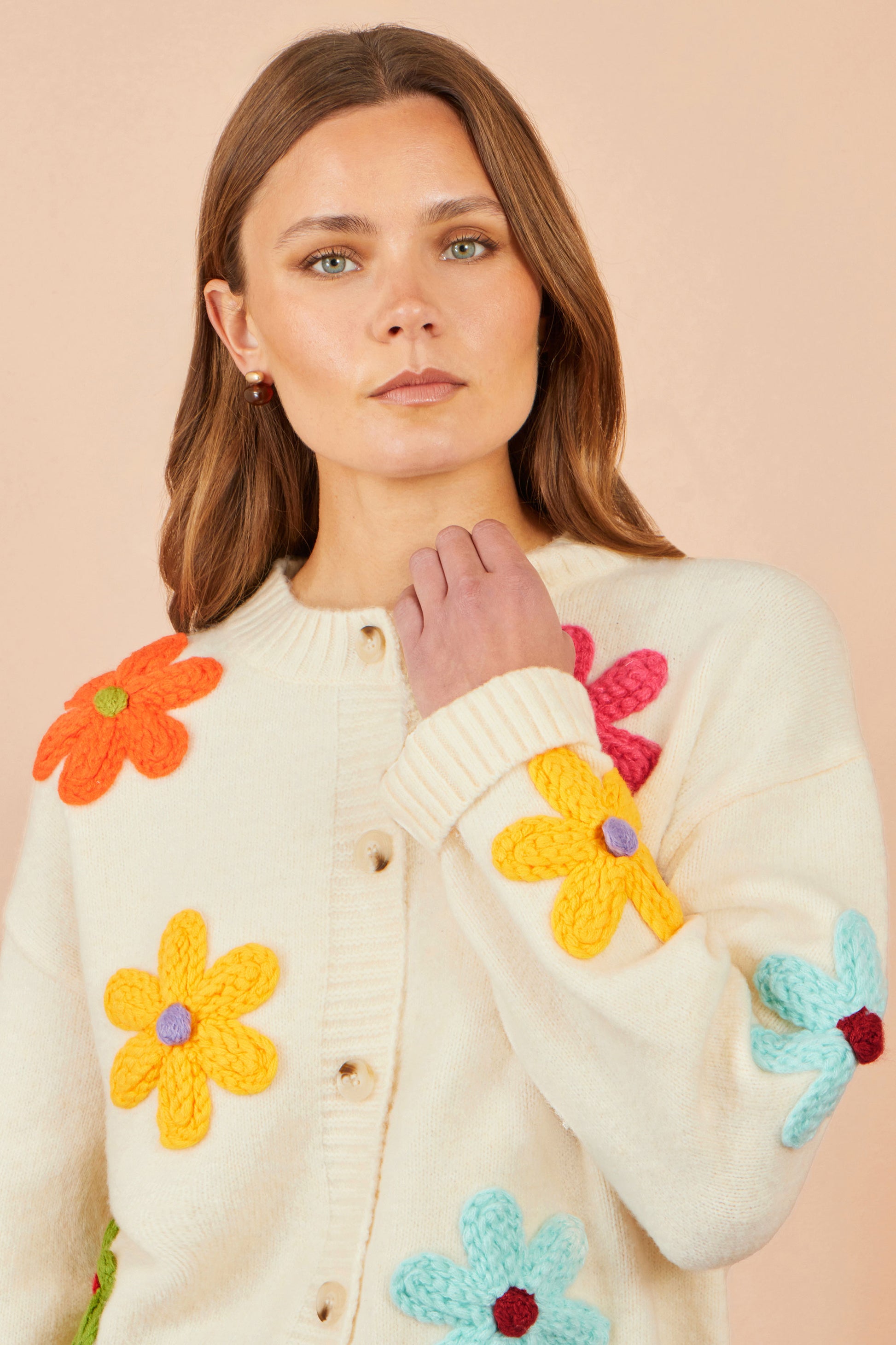 Yumi Ivory Knitted Flower Applique Cardigan Knit Cardigan Yumi