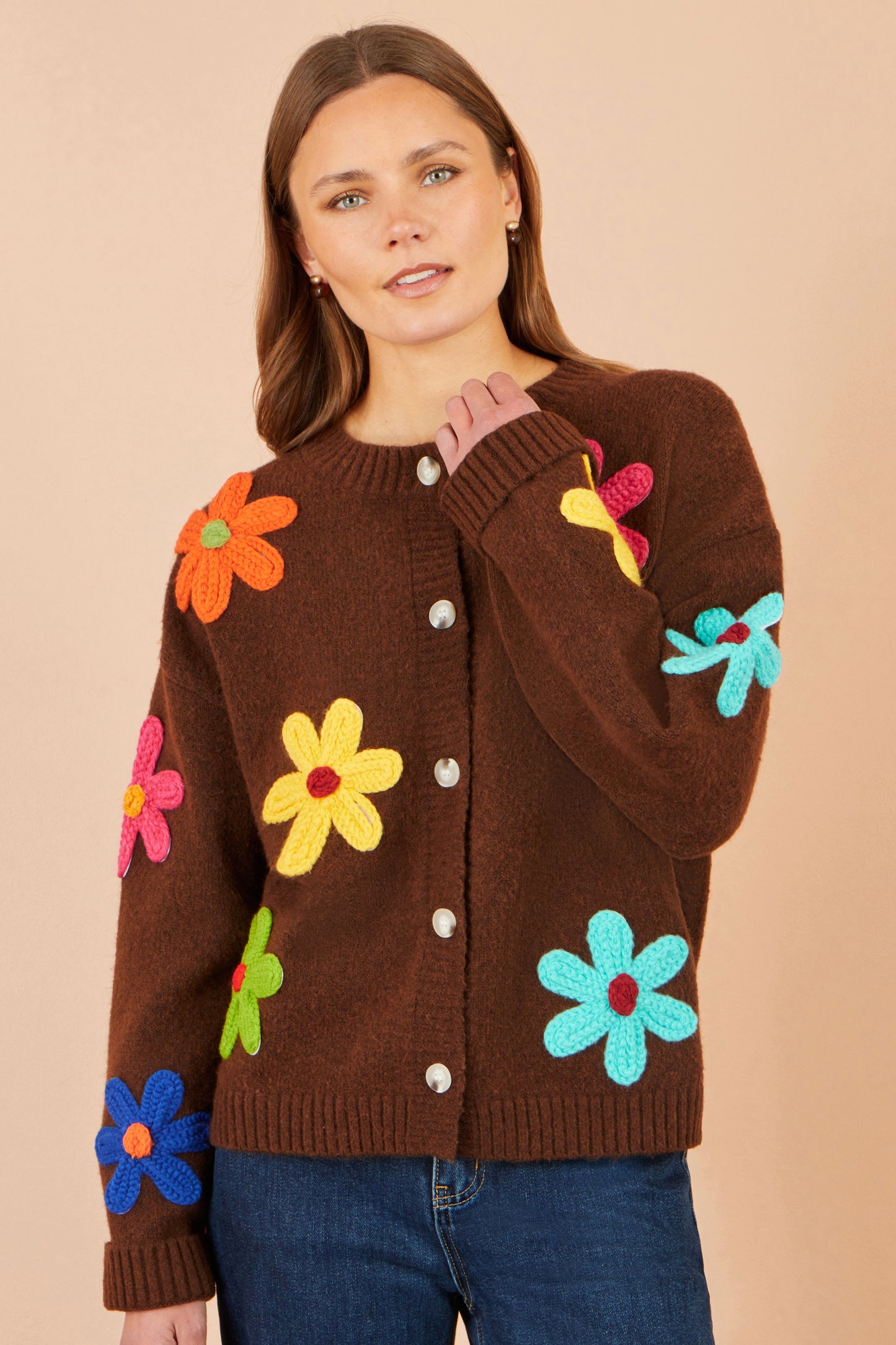 Yumi Brown Knitted Flower Applique Cardigan Knit Cardigan Yumi