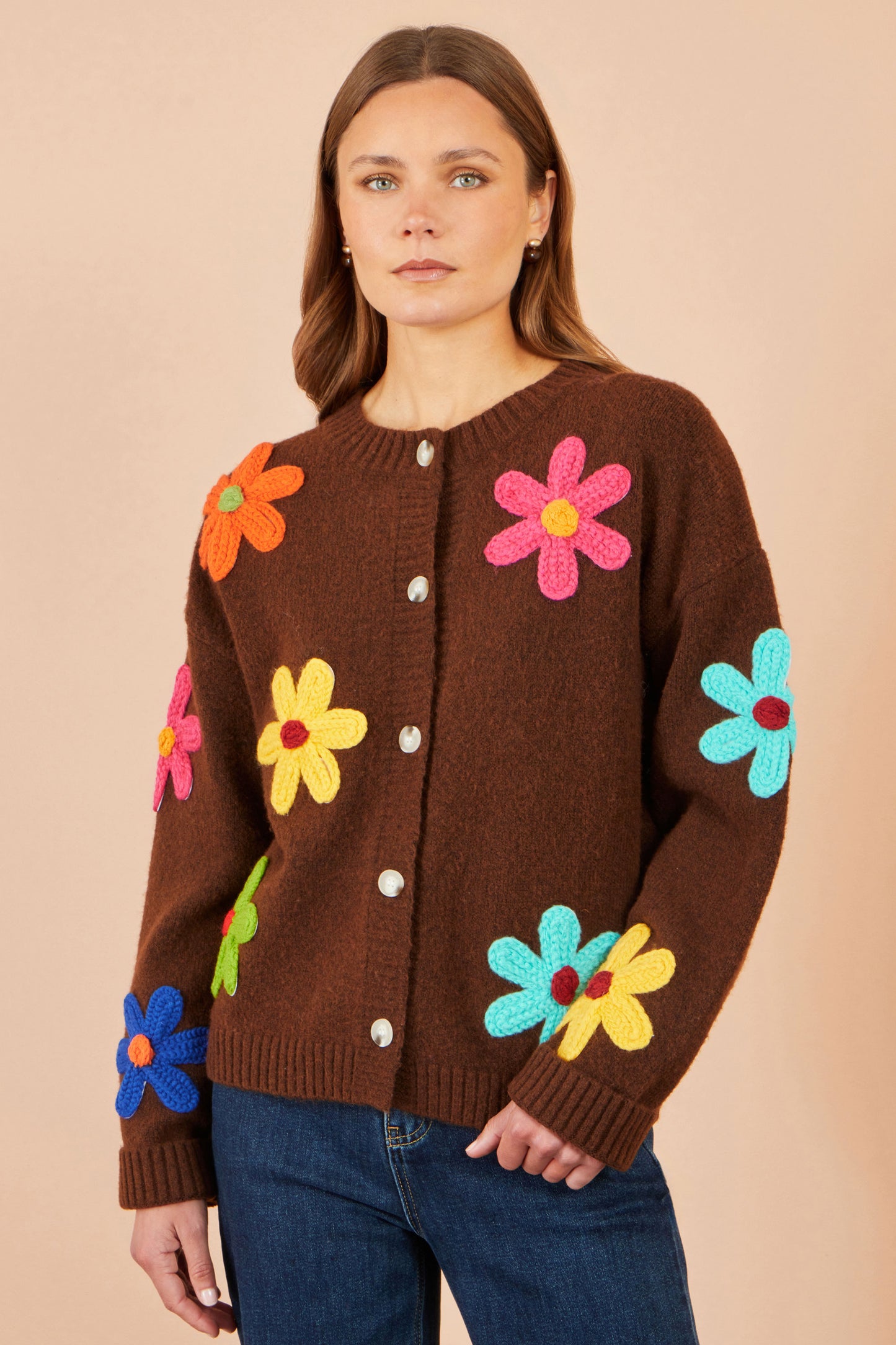 Yumi Brown Knitted Flower Applique Cardigan Knit Cardigan Yumi