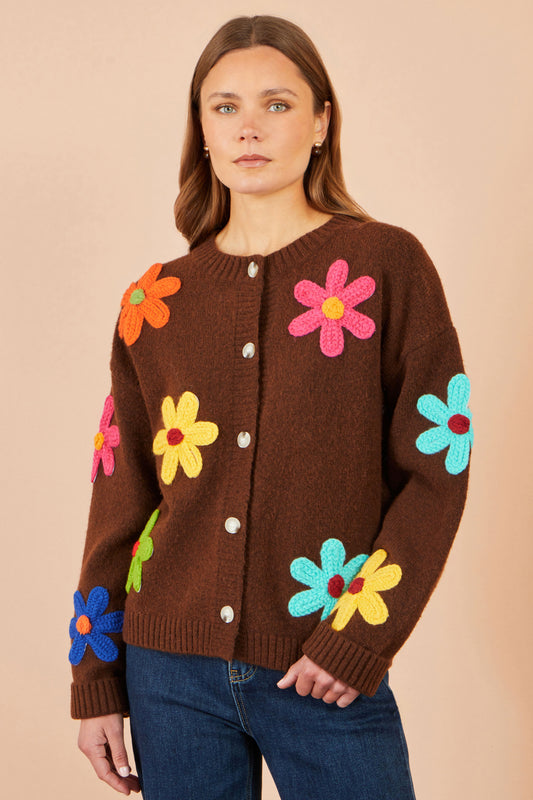Yumi Brown Knitted Flower Applique Cardigan Knit Cardigan Yumi
