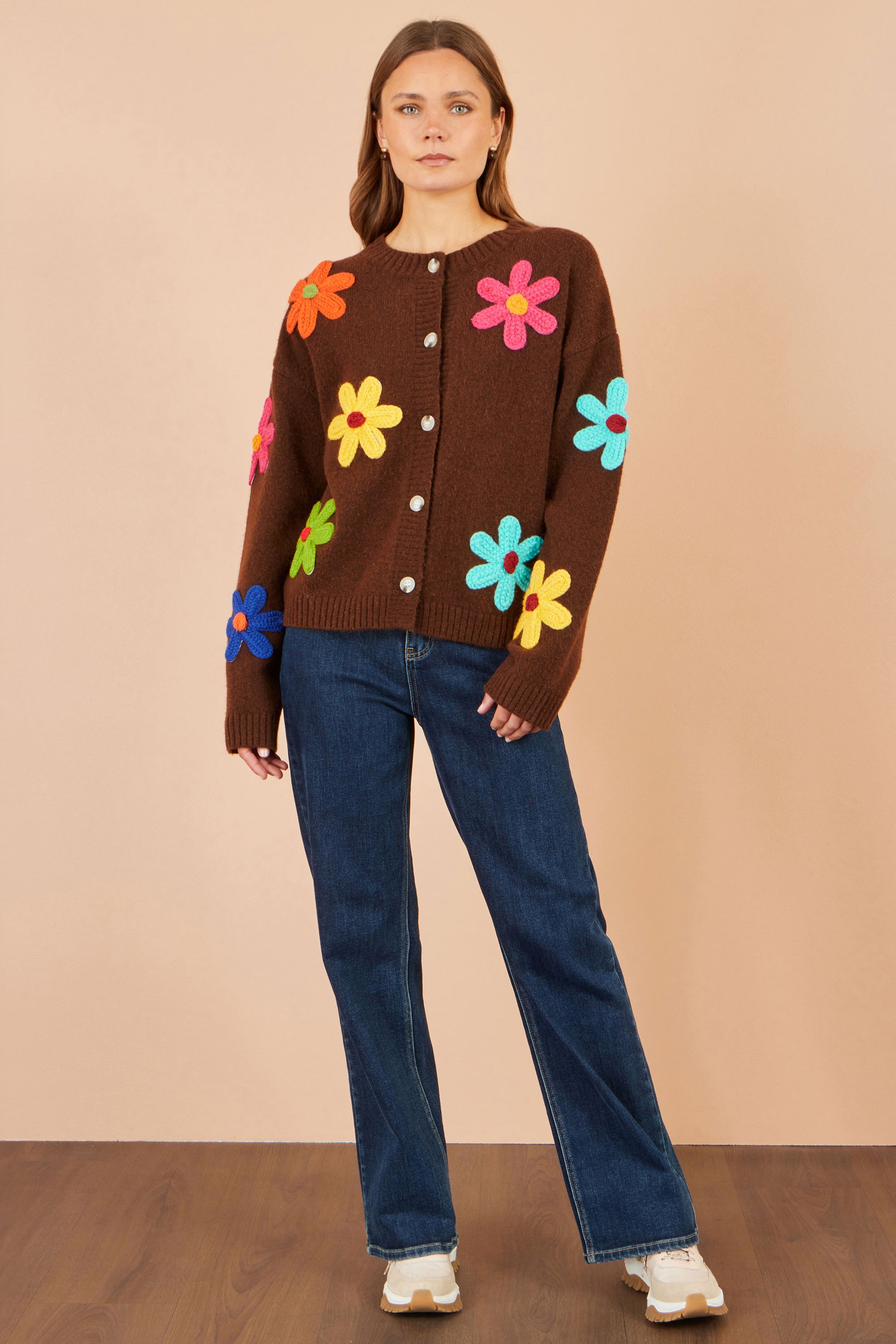 Yumi Brown Knitted Flower Applique Cardigan Knit Cardigan Yumi