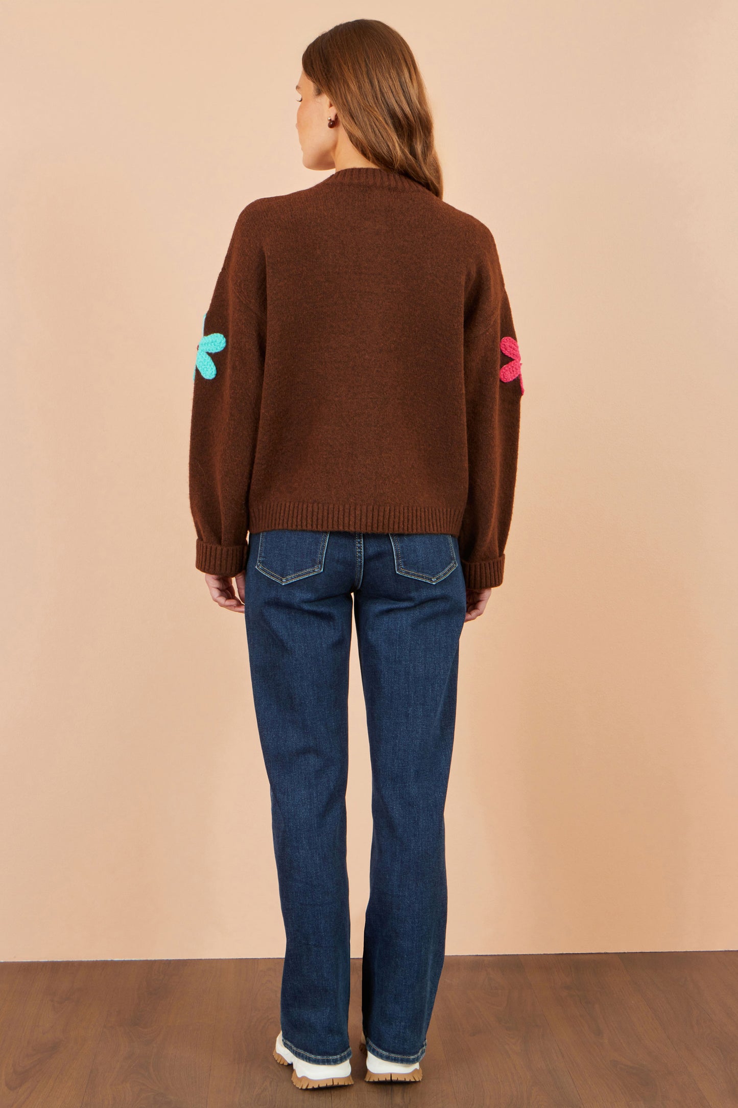 Yumi Brown Knitted Flower Applique Cardigan Knit Cardigan Yumi