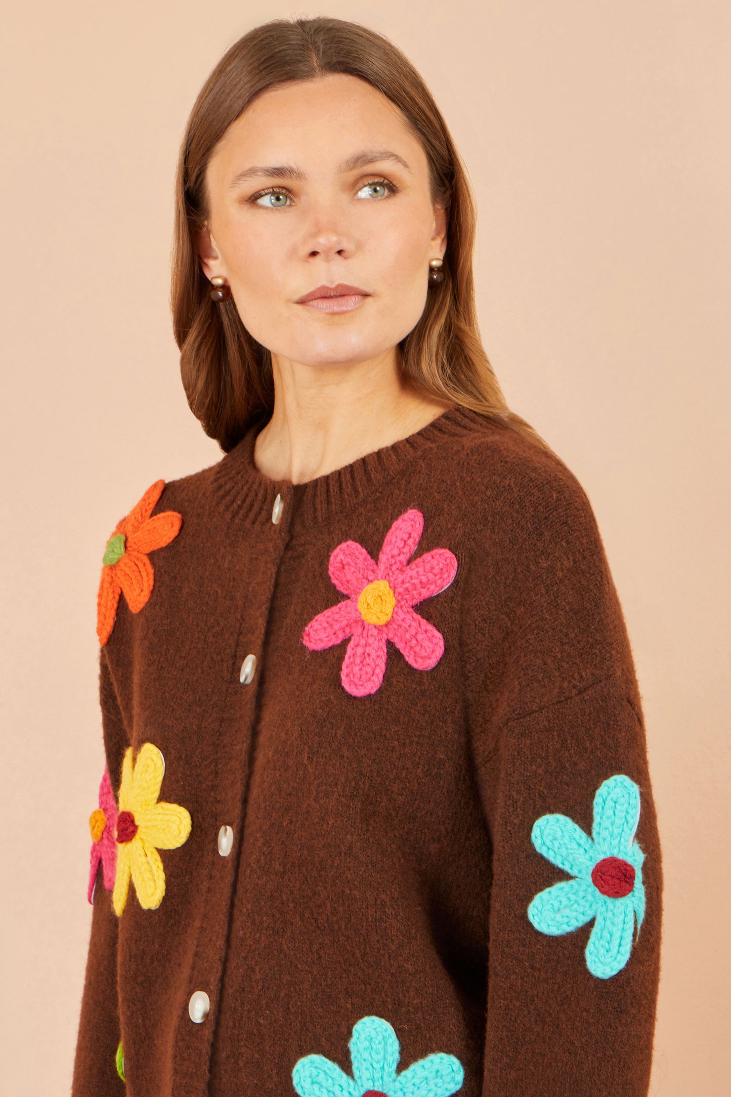 Yumi Brown Knitted Flower Applique Cardigan Knit Cardigan Yumi