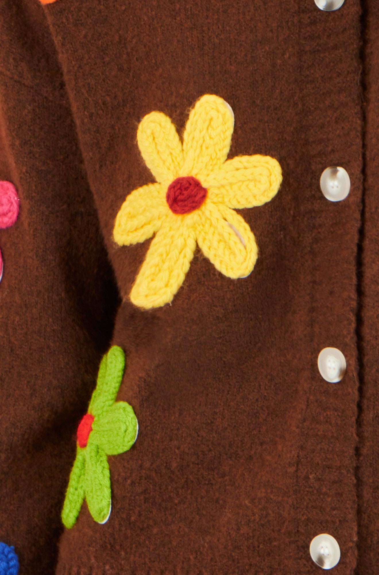 Yumi Brown Knitted Flower Applique Cardigan Knit Cardigan Yumi