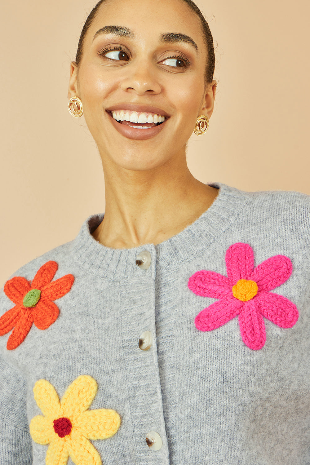 Yumi Grey Knitted Flower Applique Cardigan Knit Cardigan Yumi