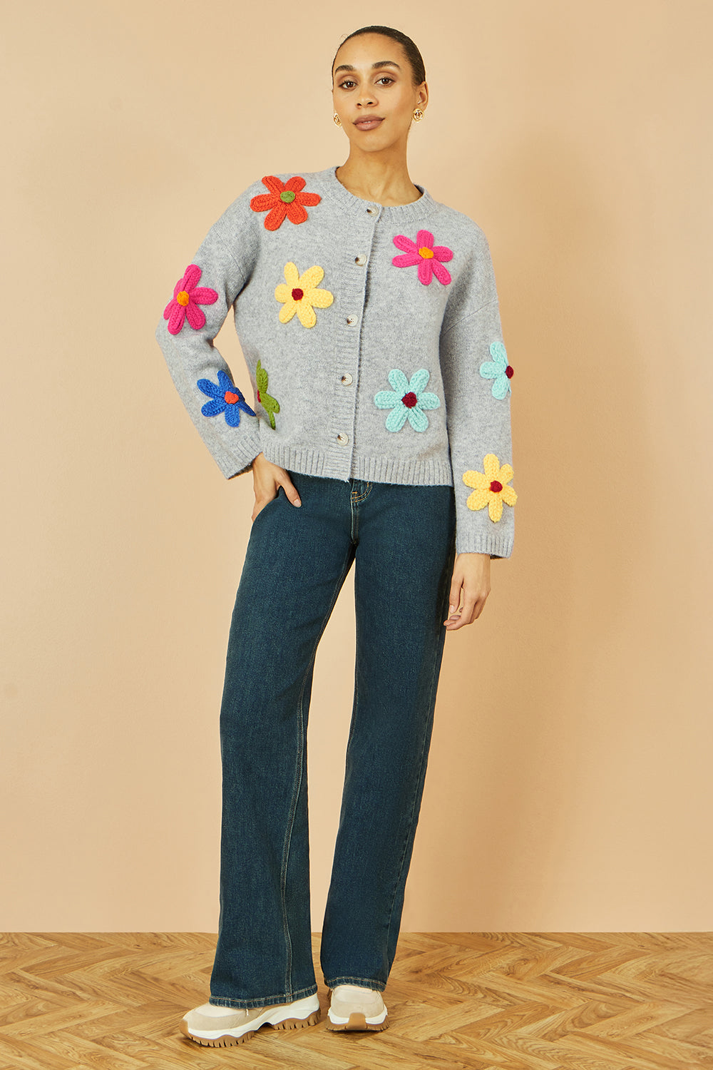 Yumi Grey Knitted Flower Applique Cardigan Knit Cardigan Yumi
