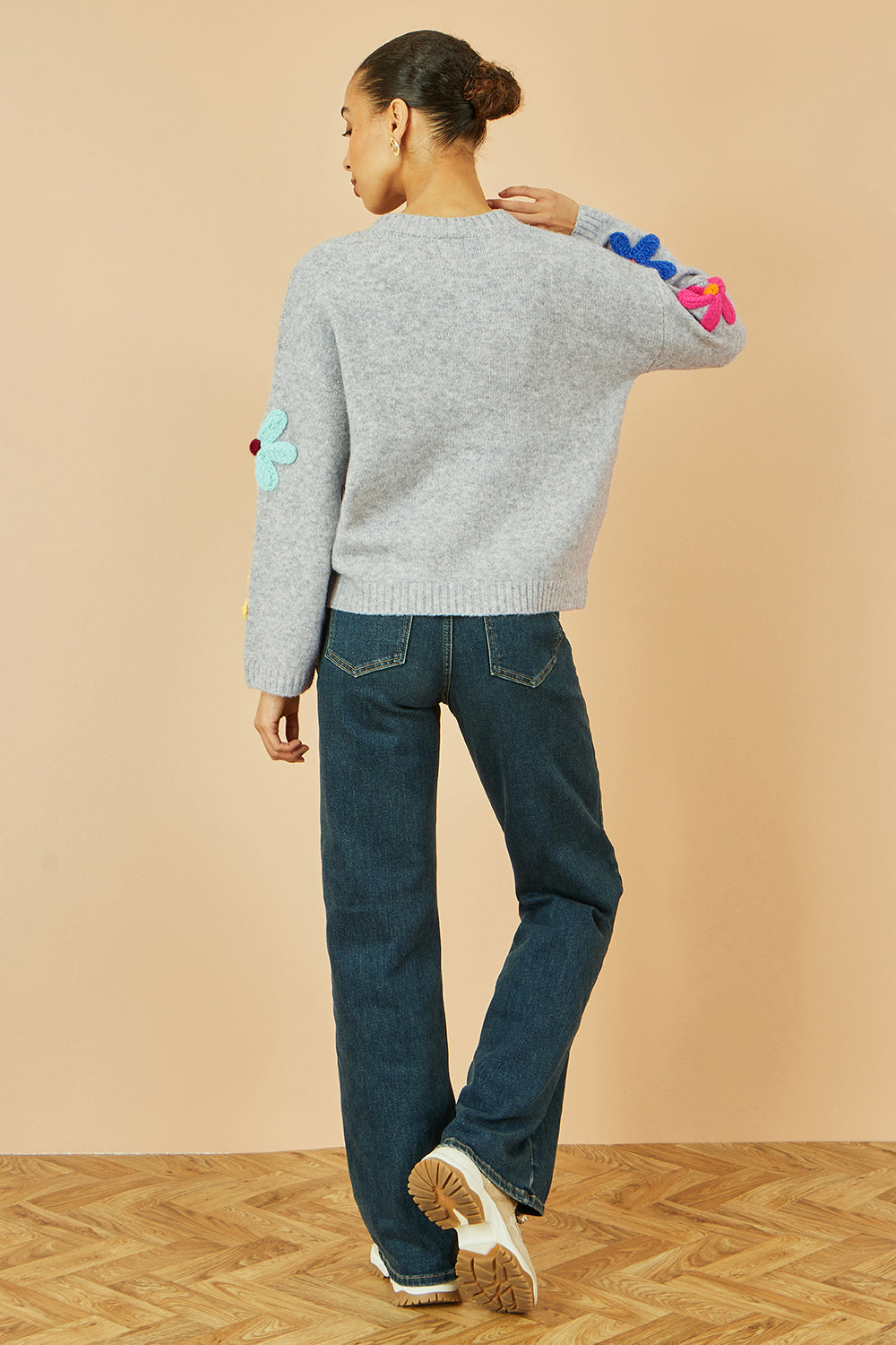 Yumi Grey Knitted Flower Applique Cardigan Knit Cardigan Yumi
