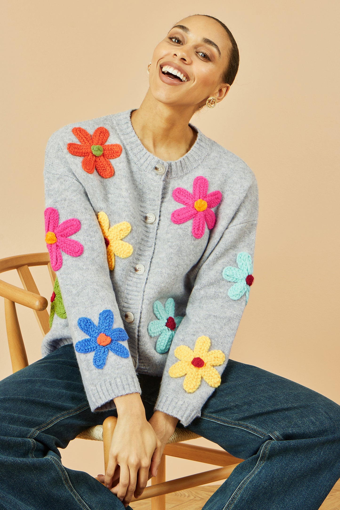 Yumi Grey Knitted Flower Applique Cardigan Knit Cardigan Yumi