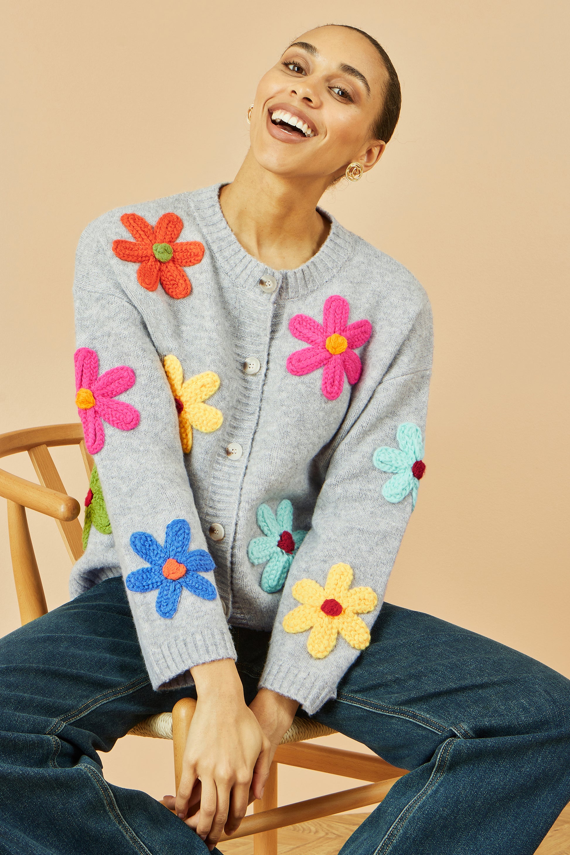 Yumi Grey Knitted Flower Applique Cardigan Knit Cardigan Yumi