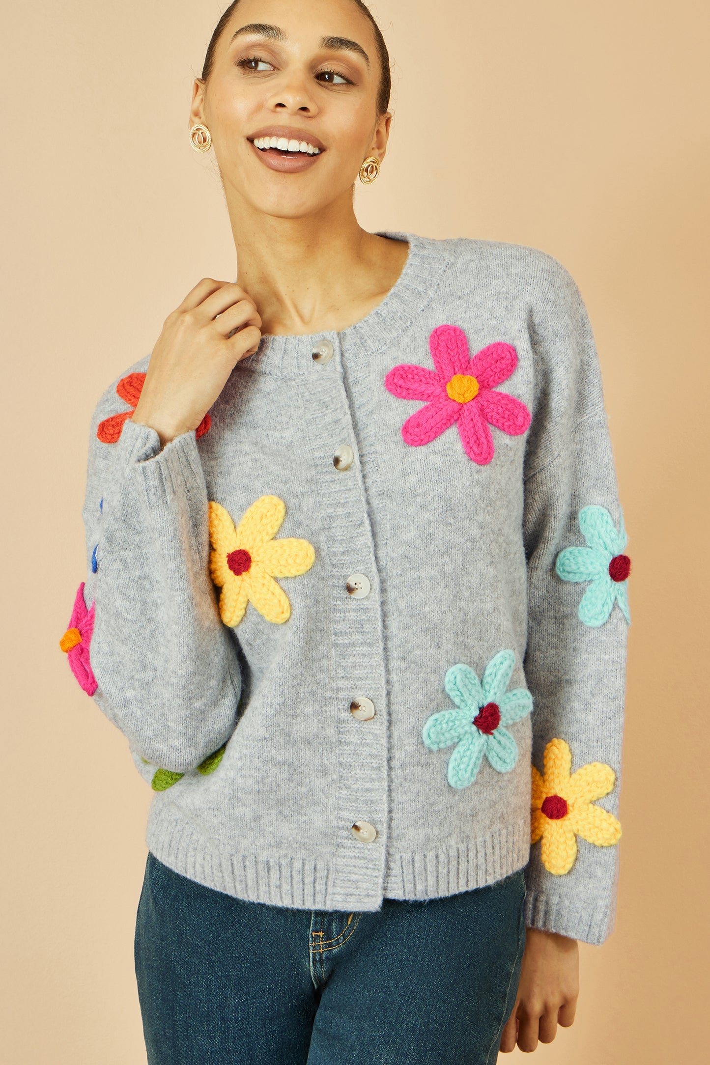Yumi Grey Knitted Flower Applique Cardigan Knit Cardigan Yumi
