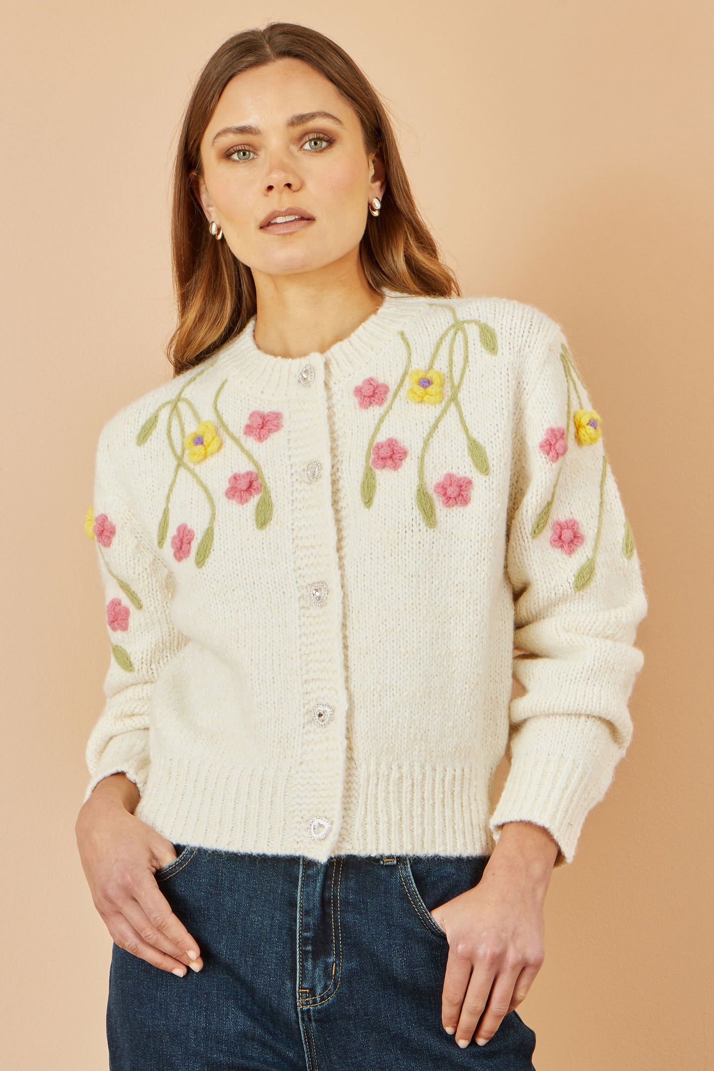 Yumi Beige Flower Embroidered Chunky Knit Cardigan Knit Cardigan Yumi
