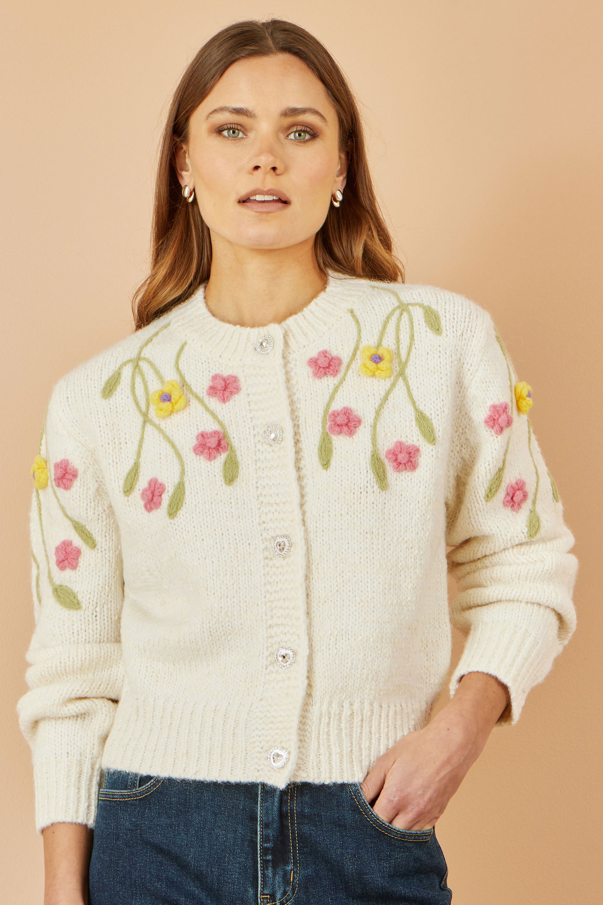 Yumi Beige Flower Embroidered Chunky Knit Cardigan Knit Cardigan Yumi