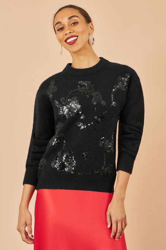 Yumi Black Relaxed Knitted Jumper With Sequin Detail Knit Xmas Jumper Yumi