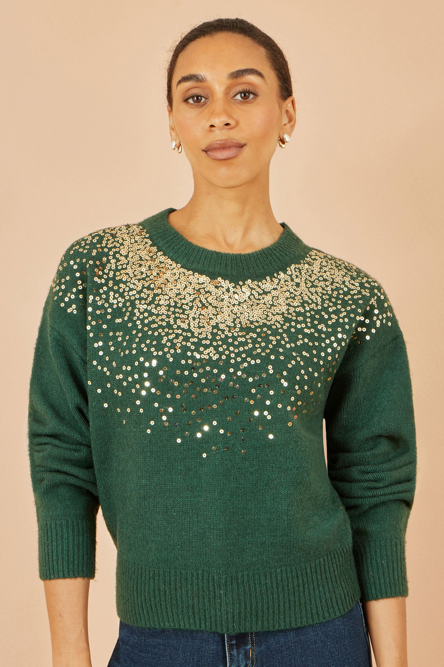 Yumi Green Relaxed Knitted Jumper With Scattered Sequin Neckline Knit Xmas Jumper Yumi