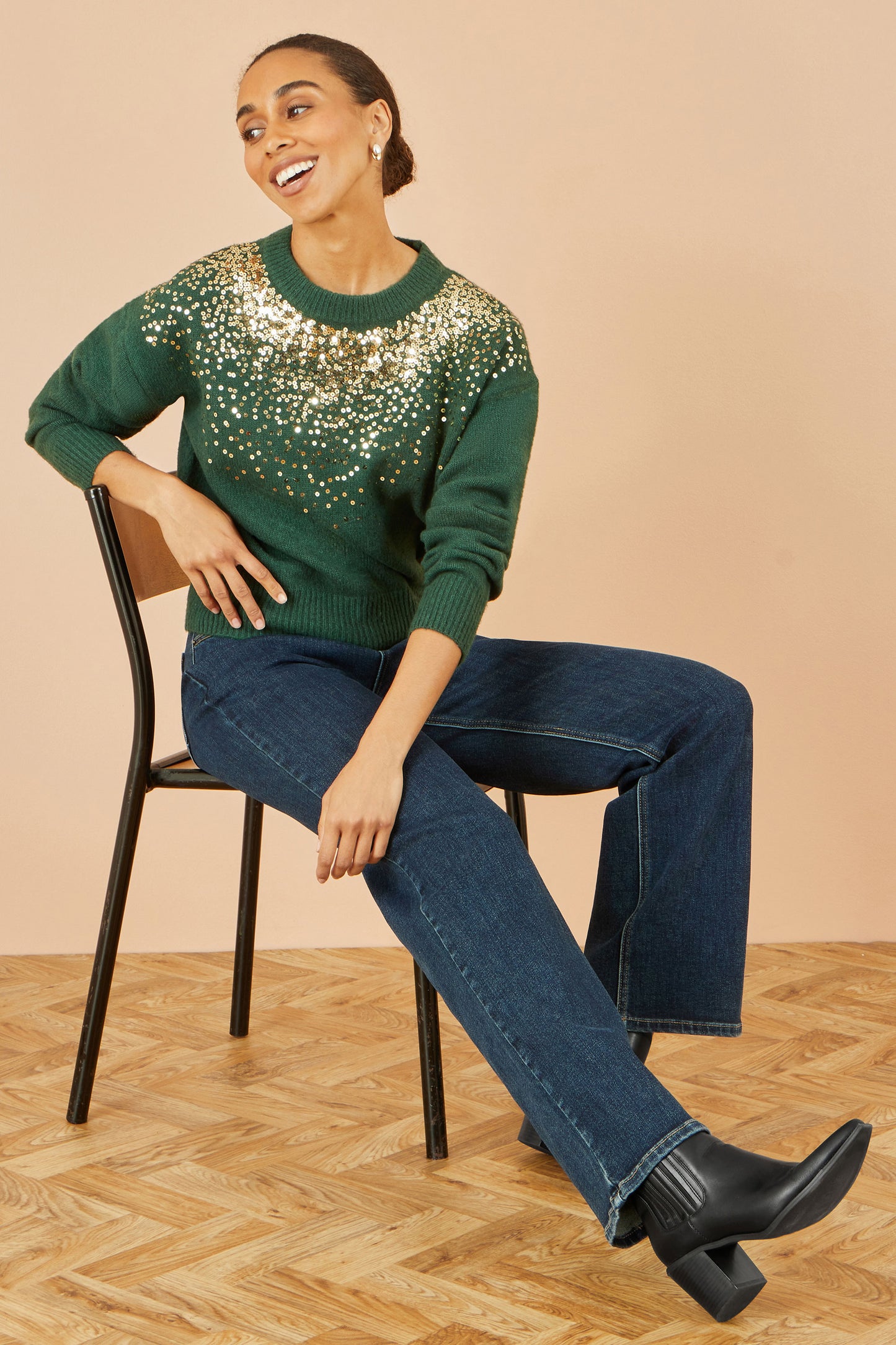 Yumi Green Relaxed Knitted Jumper With Scattered Sequin Neckline Knit Xmas Jumper Yumi