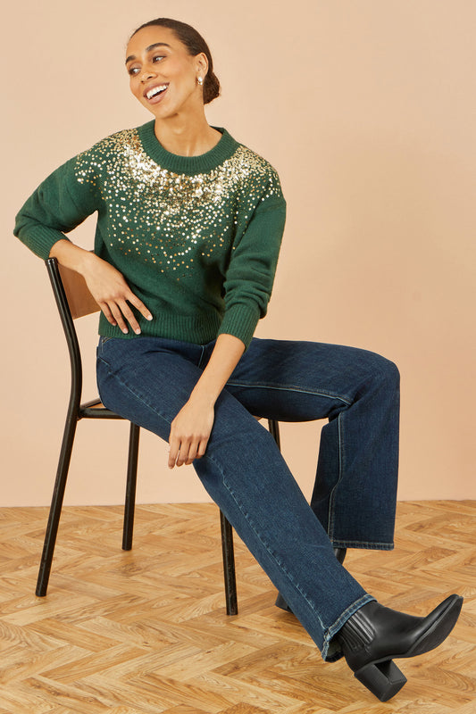 Yumi Green Relaxed Knitted Jumper With Scattered Sequin Neckline Knit Xmas Jumper Yumi
