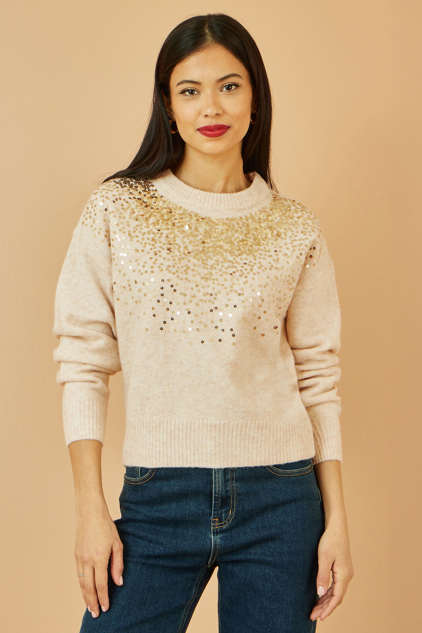 Yumi Oatmeal Relaxed Knitted Jumper With Scattered Sequin Neckline Knit Xmas Jumper Yumi