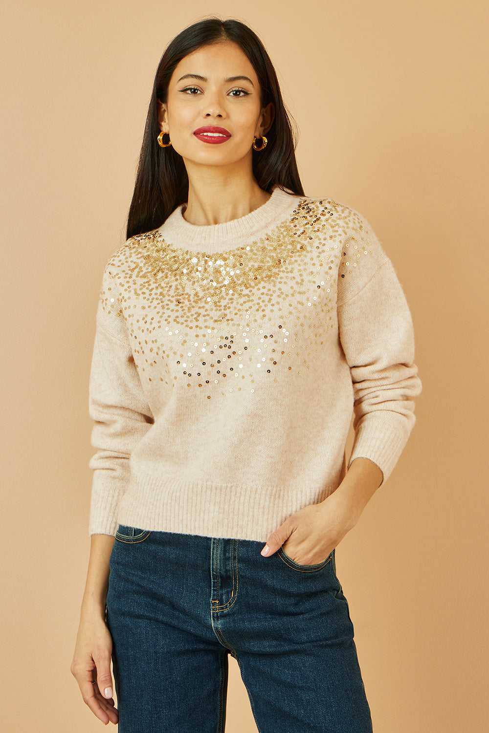 Yumi Oatmeal Relaxed Knitted Jumper With Scattered Sequin Neckline Knit Xmas Jumper Yumi