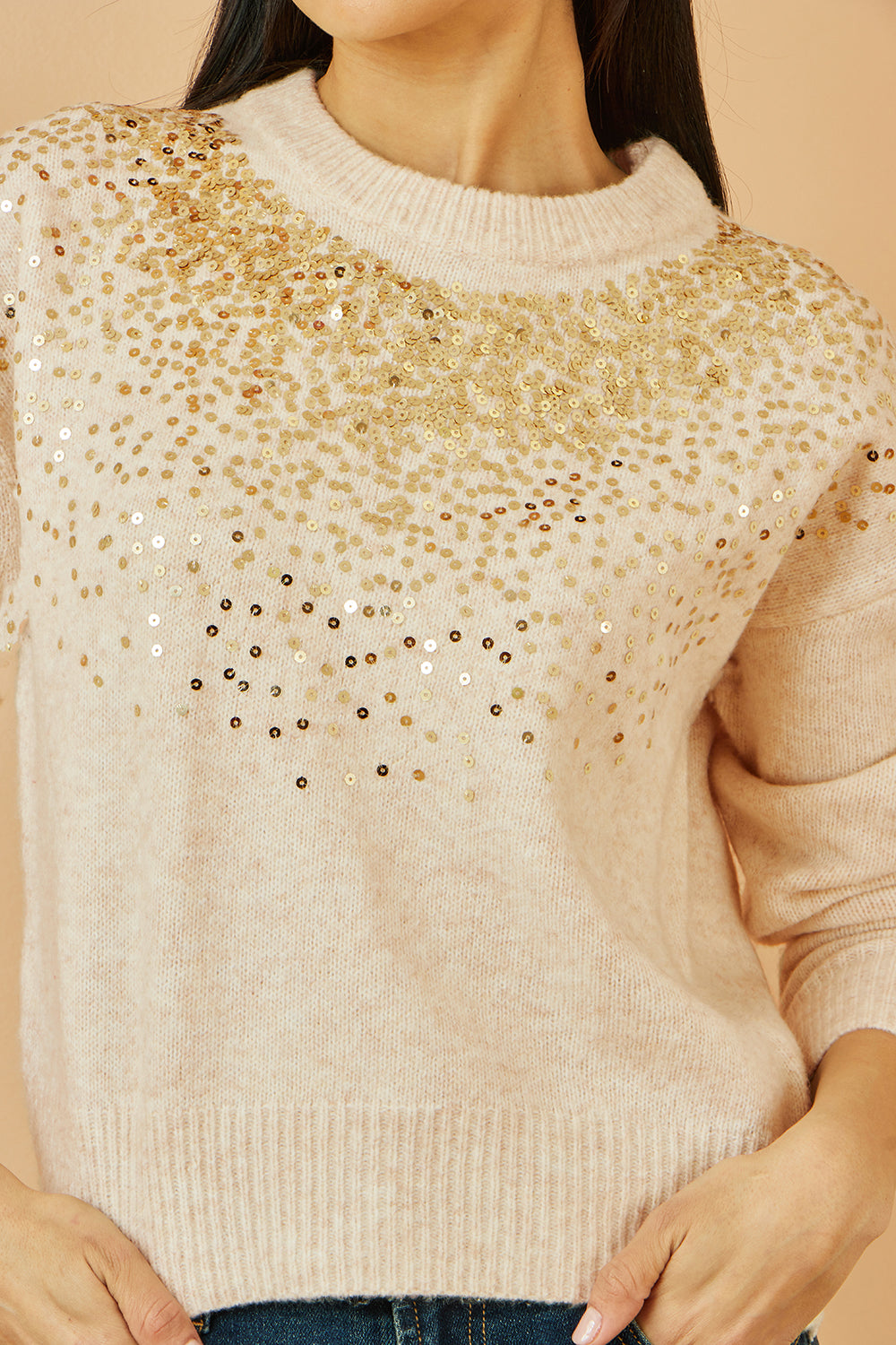 Yumi Oatmeal Relaxed Knitted Jumper With Scattered Sequin Neckline Knit Xmas Jumper Yumi