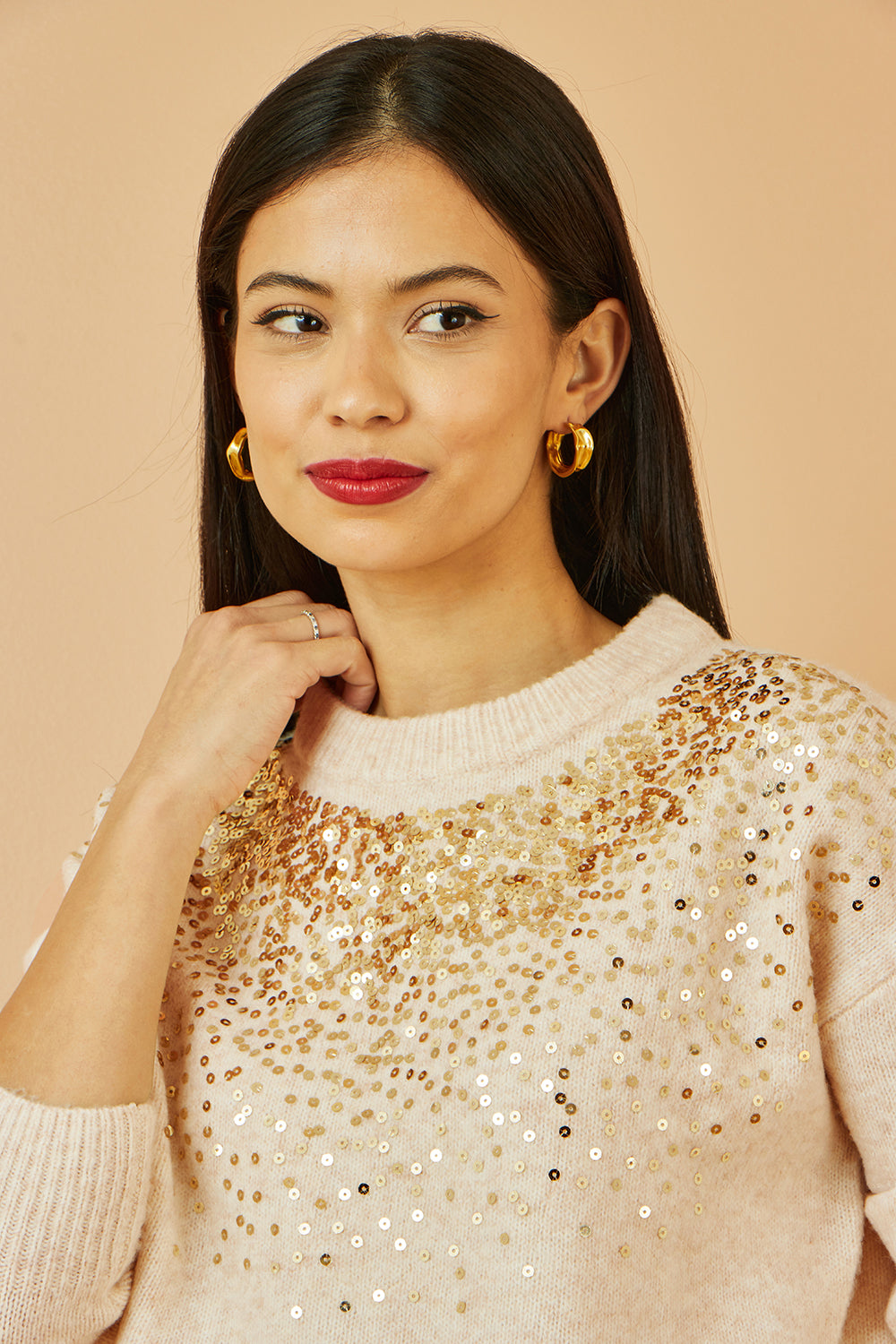 Yumi Oatmeal Relaxed Knitted Jumper With Scattered Sequin Neckline Knit Xmas Jumper Yumi