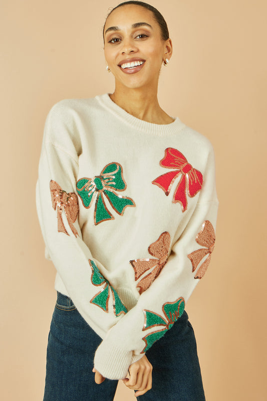 Yumi White Sequinned Bow Relaxed Fit Jumper Knit Xmas Jumper Yumi