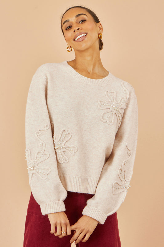 Yumi Oatmeal Knitted Jumper With Floral Applique Knit Jumper Yumi