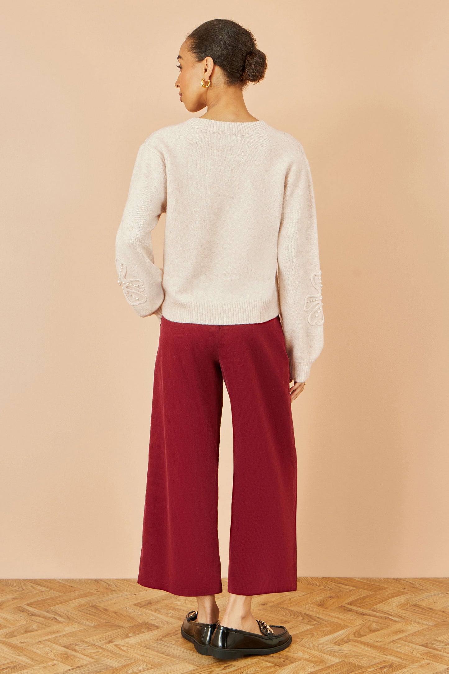 Yumi Oatmeal Knitted Jumper With Floral Applique Knit Jumper Yumi