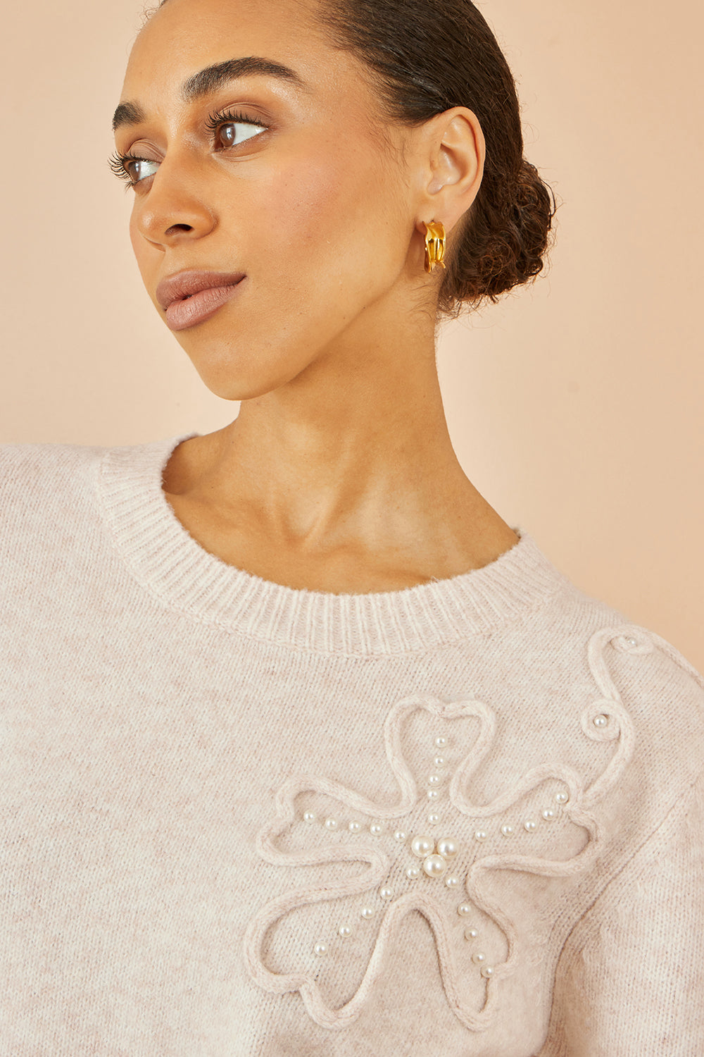 Yumi Oatmeal Knitted Jumper With Floral Applique Knit Jumper Yumi