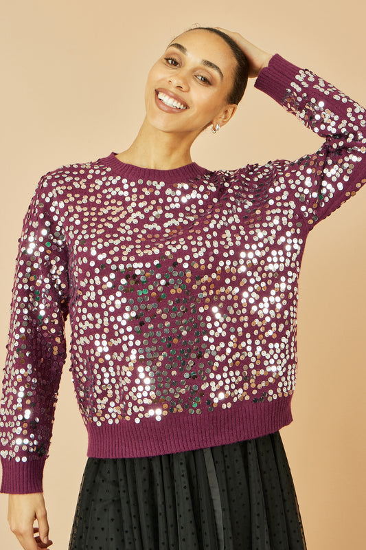 Yumi Burgundy All Over Sequin Relaxed Fit Jumper Knit Xmas Jumper Yumi