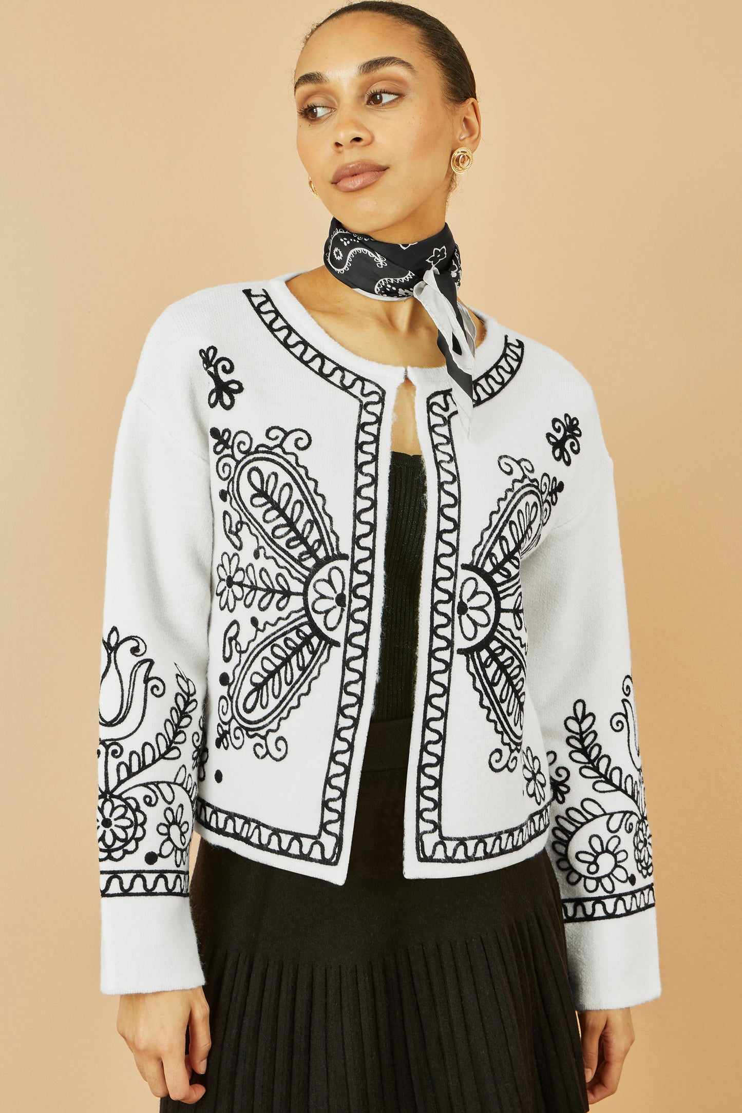 Yumi Ivory Folk Embroidered Edge To Edge Cardigan Knit Cardigan Yumi