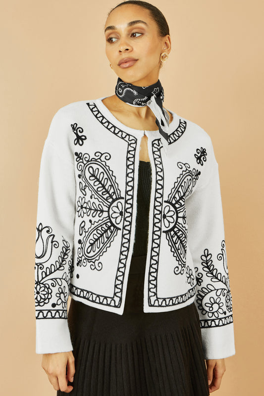 Yumi Ivory Folk Embroidered Edge To Edge Cardigan Knit Cardigan Yumi